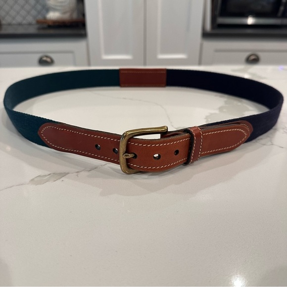 Tommy Hilfiger Mens Leather Canvas 2-Tone Belt Size 40 Blue Green USA Vintage - Picture 1 of 11